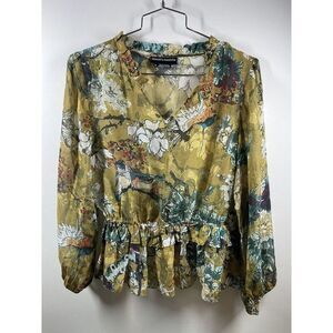 Hermant And Nandita 100% Silk Abstract Floral Peplum Top.‎ V-Neck Gold Green M